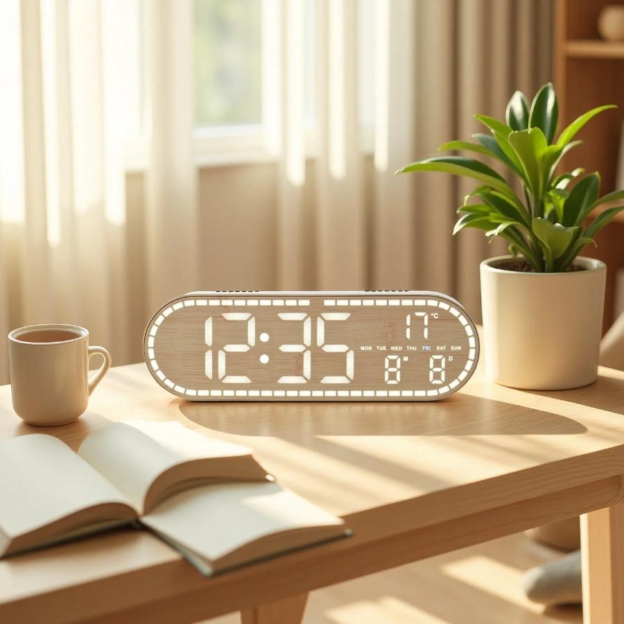 LED Digital Wall Clock Temperature Week Date 2 Alarms Wood Style Brightness Adjustment Timer Snooze Clock 12/24H USB Powered