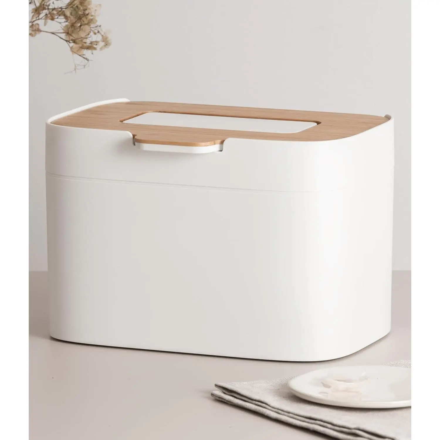 1.2 GAL / 4.5L Countertop Compost Bin 'Elin' with Wooden Lid & Filter, Odor-Free, Dishwasher Safe with Inner Bucket, Small Indoor Kitchen Composter, Off-White/Bamboo