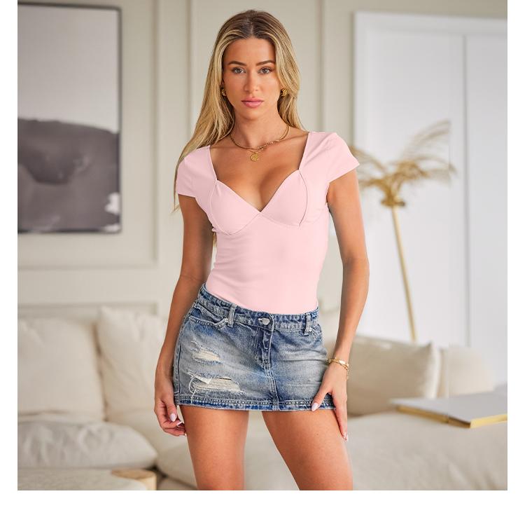 Trendy Queen women Deep V-Neck Backless Tops Short Sleeve Slim Fit T-Shirts Basic Y2K Tops Bustier Corset Cami 2025