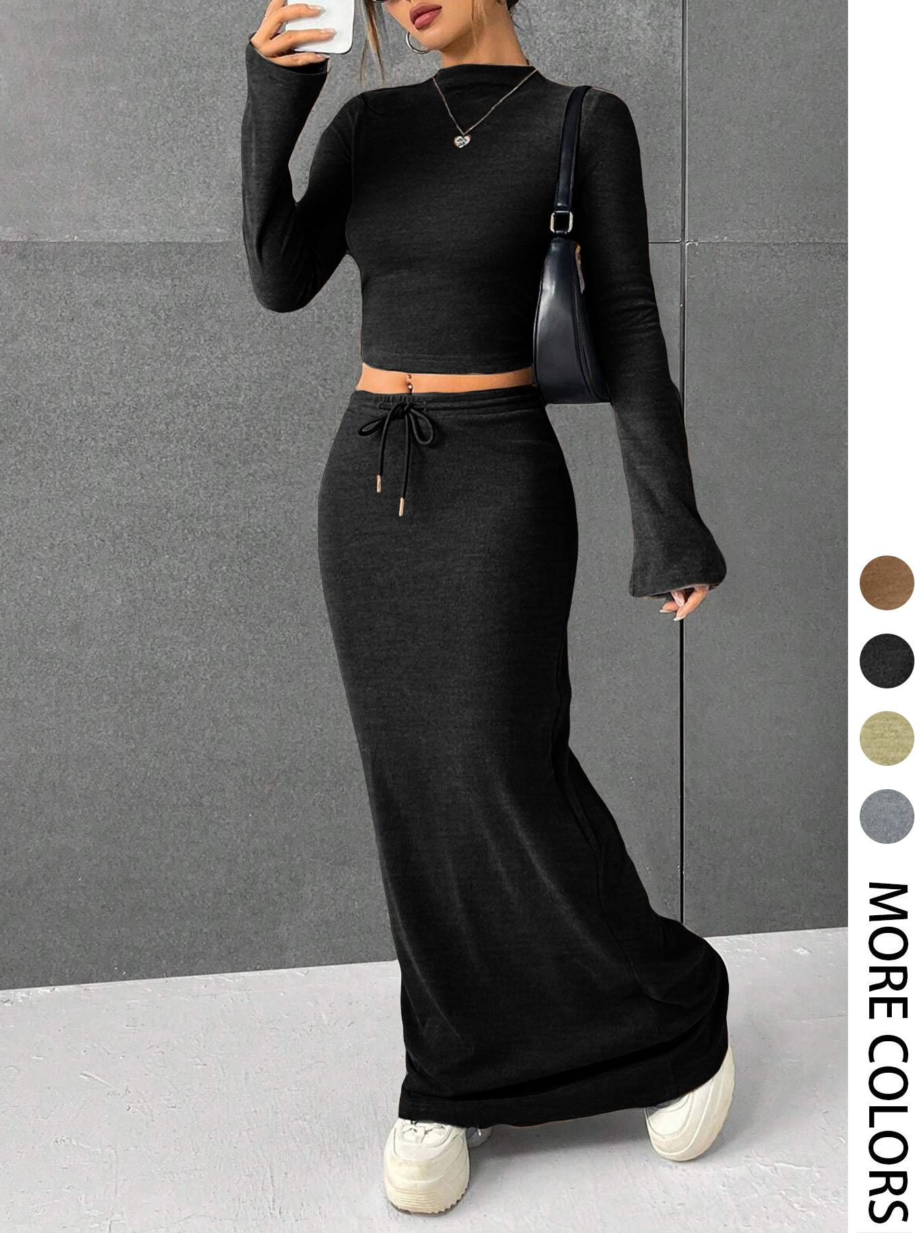 Women's Solid Flounce Sleeve Crop Tee & Drawstring Skirt Two-piece Set for Daily Outdoor Wear, Women's Clothing for Spring & Fall