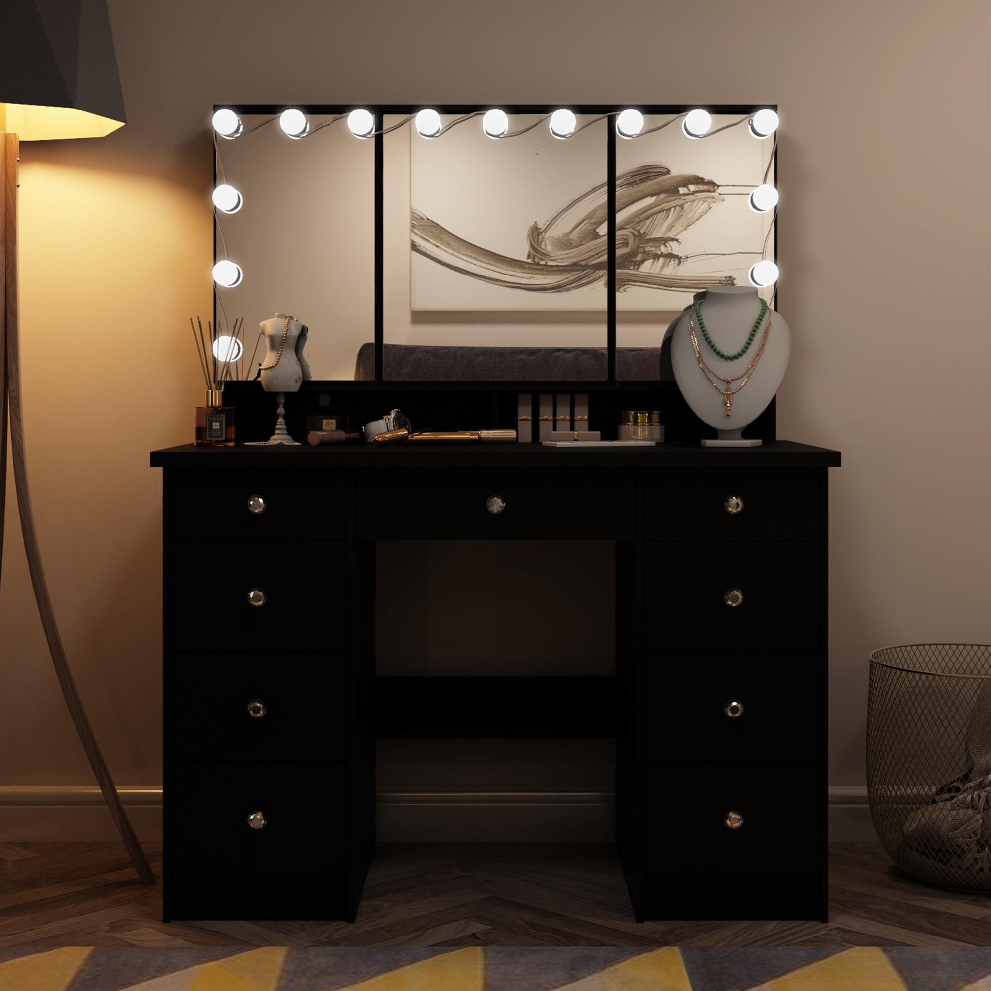 FUFUGAGA-43.3"W Vanity Desk With 9 Drawers, Makeup Desk With 3-Mirror And Touch Screen Light, Dressing Makeup Table For Bedroom