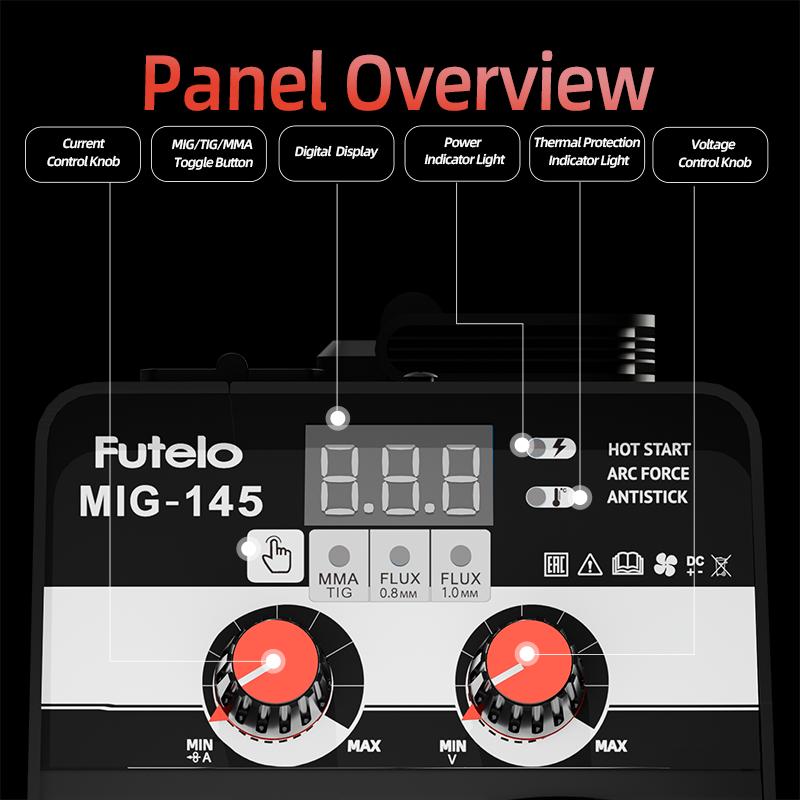 FUTELO MIG-145 145A 110V Flux Core MIG Welder Machine, Gasless MIG/Stick/Lift TIG 3-in-1 Welding Machine Portable Synergic Control IGBT Inverter FUTELO MIG-145 145A 110V Flux Core MIG Welder Machine, Gasless MIG/Stick/Lift TIG 3-in-1 Welding Machine Portable Synergic Control IGBT Inverter