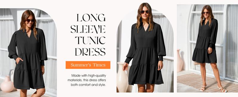 Wenrine Womens Fall Long Sleeve Tunic Dress Casual V Neck Loose Ruffle Tiered Dress