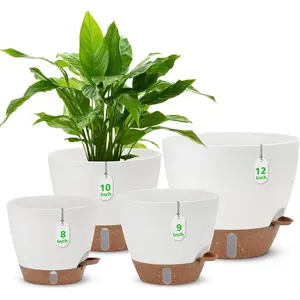 12" 10" 9" 8" Self Watering Pots with Water Level Indicator, Large Plastic Planters Set with Mesh Drainage Hole and Removable Saucer Reservoir, Big Flower Pot for Indoor Outdoor Plants - White
