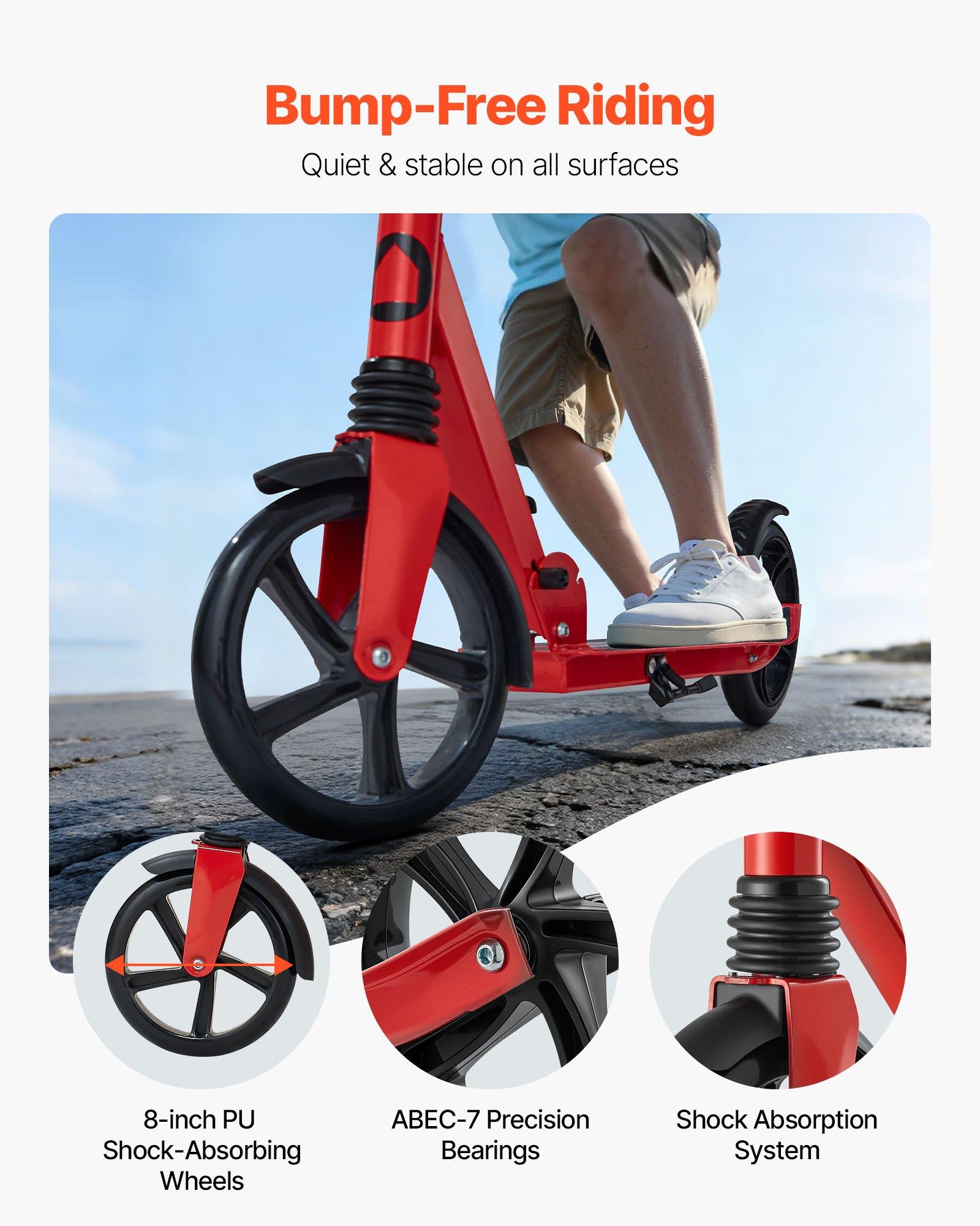 VEVOR Kids 2-Wheel Kick Scooter for Ages 8+, Adjustable Height Handlebar, Wide Anti-Slip Deck, Foldable, Lightweight Compact Design, 220 lbs Max Capacity, Red Black, Outdoor Use