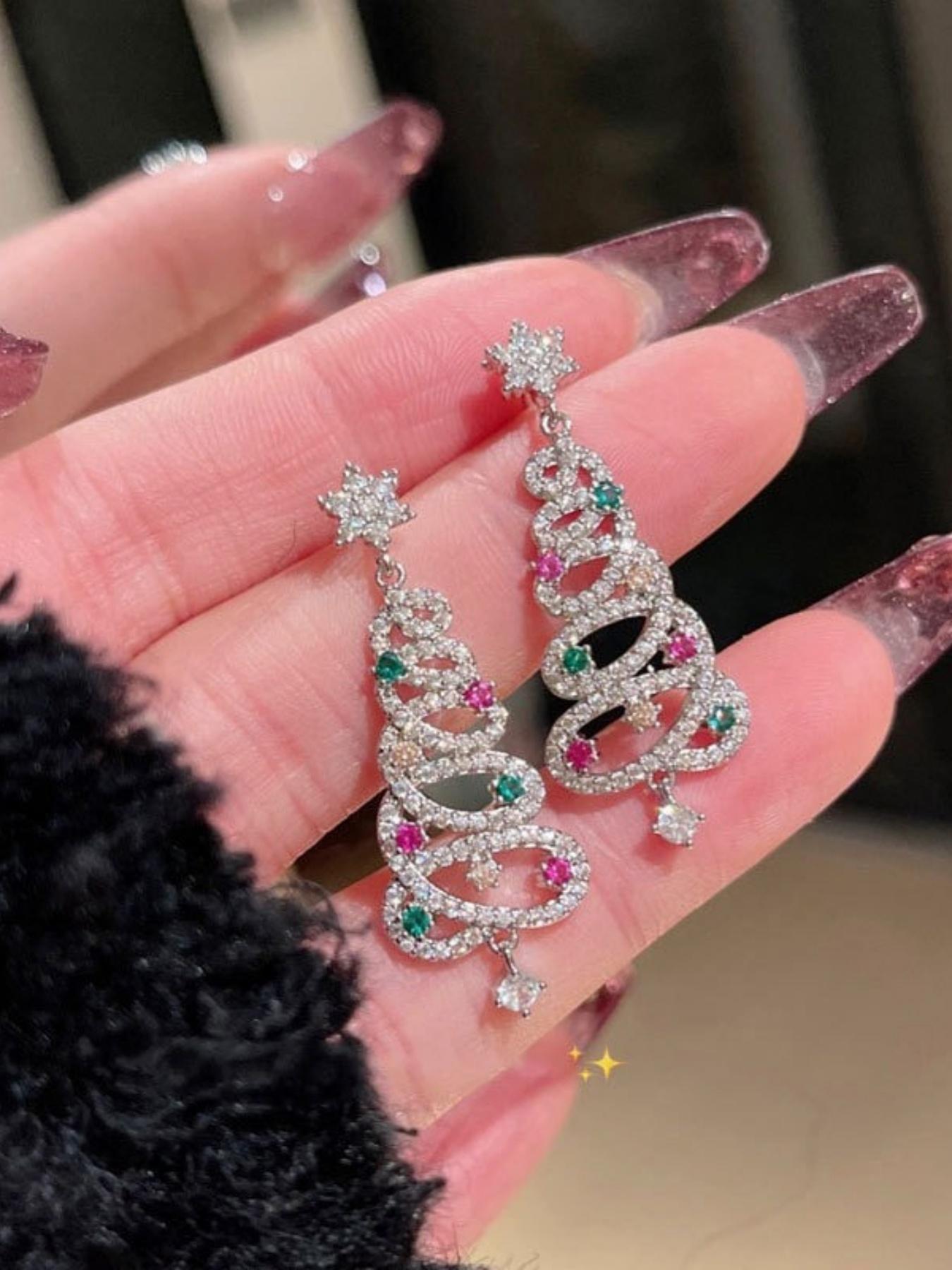 Women's Colorful Zirconia Christmas Tree Dangle Earrings, Festive Jewelry Accessories for Women Celebrating Holiday Season