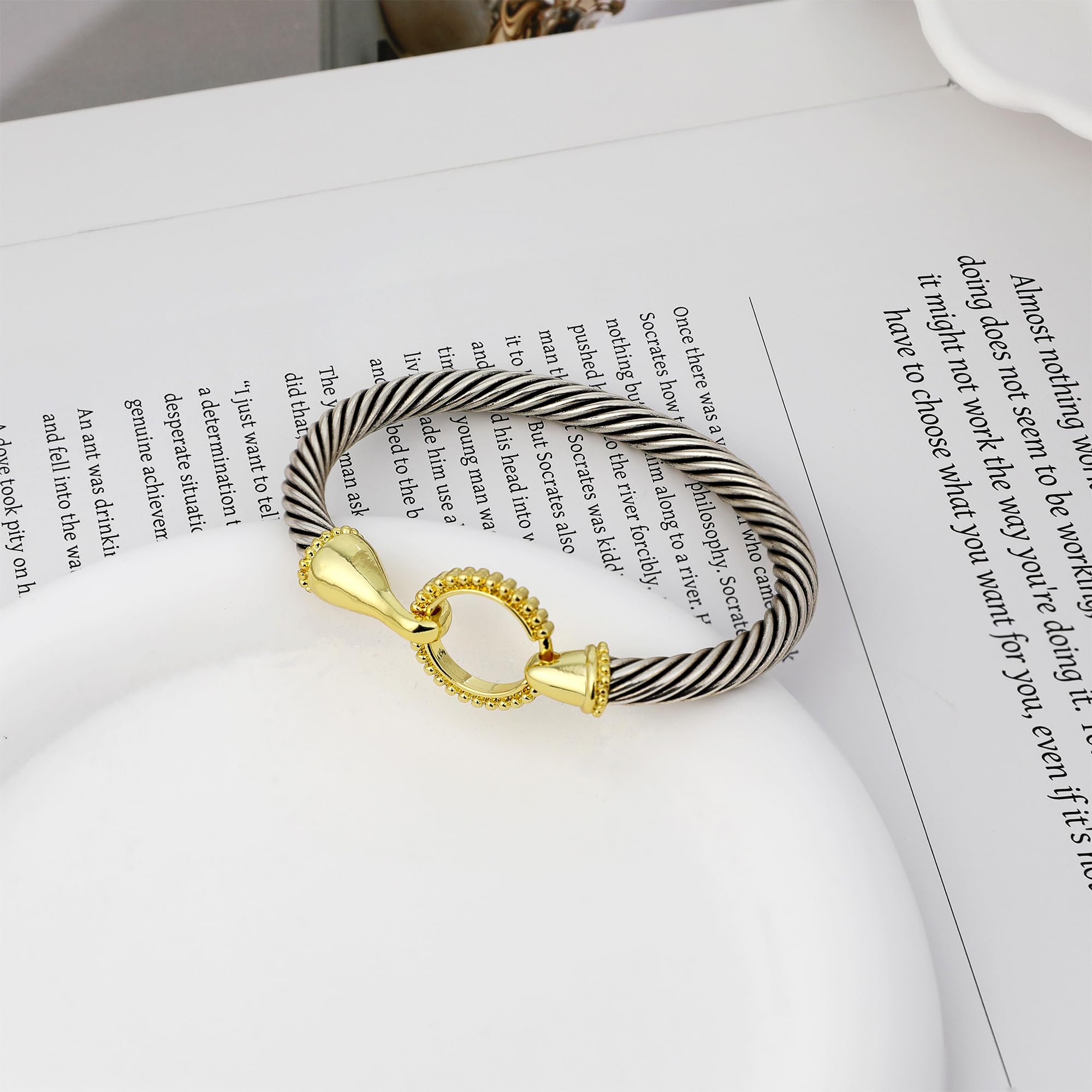 MYTYS Stackable Round Two Tone Vintage Bracelet Elegant Minimalist Bangle with Twisted Cable Look & Secure Hook Clasp Trendy Jewellery Accessories for Women Girlfriend