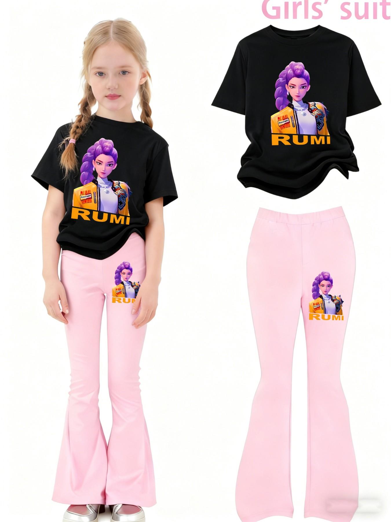 Girls' Kpop Print 2-Piece Set, Casual Sporty Short Sleeve Top & Bell Bottom Pants, Comfortable Elastic Waist, Spring Summer, Girl Clothes School