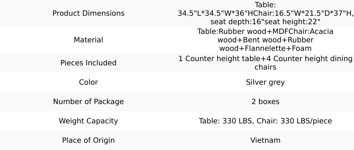 5 Piece Counter Height Table Set, Wooden Kitchen Table Set with Square Table and 4 Upholstered Chairs, Counter Height Dining Table with Crystal Decoration and Chair Set, Silver grey