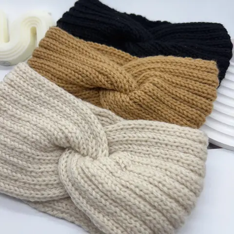 3-Piece Women's Ribbed Knit Headband Set, Black, Camel and Beige Wide Crisscross Headband for Fall and Winter