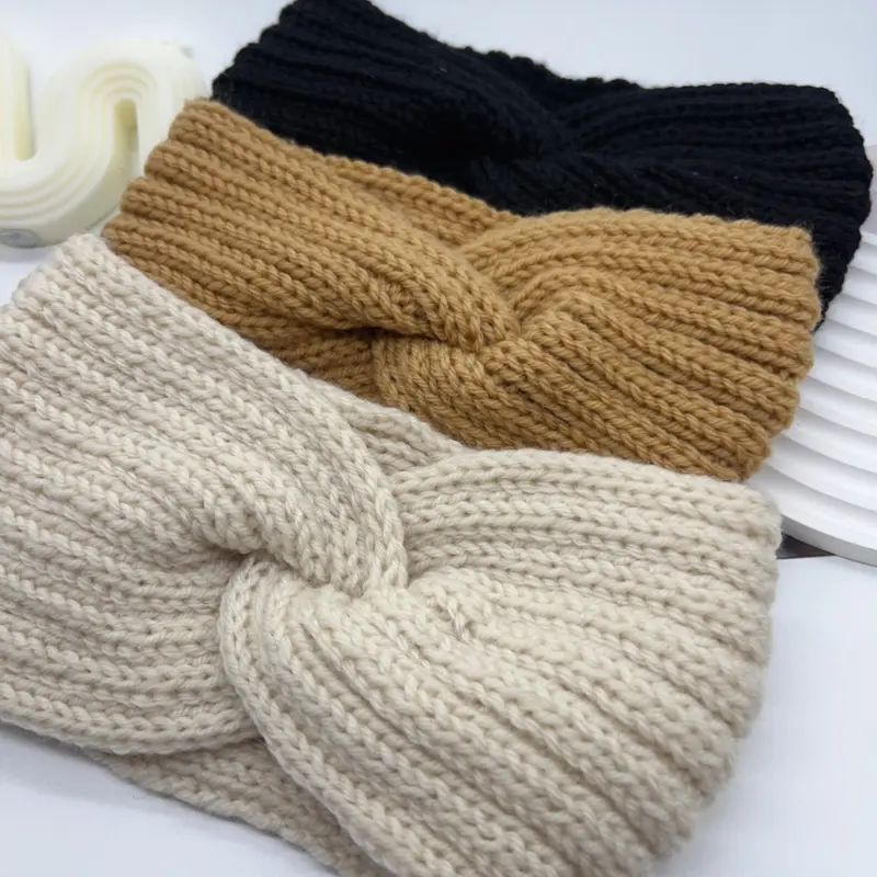 3-Piece Women's Ribbed Knit Headband Set, Black, Camel and Beige Wide Crisscross Headband for Fall and Winter