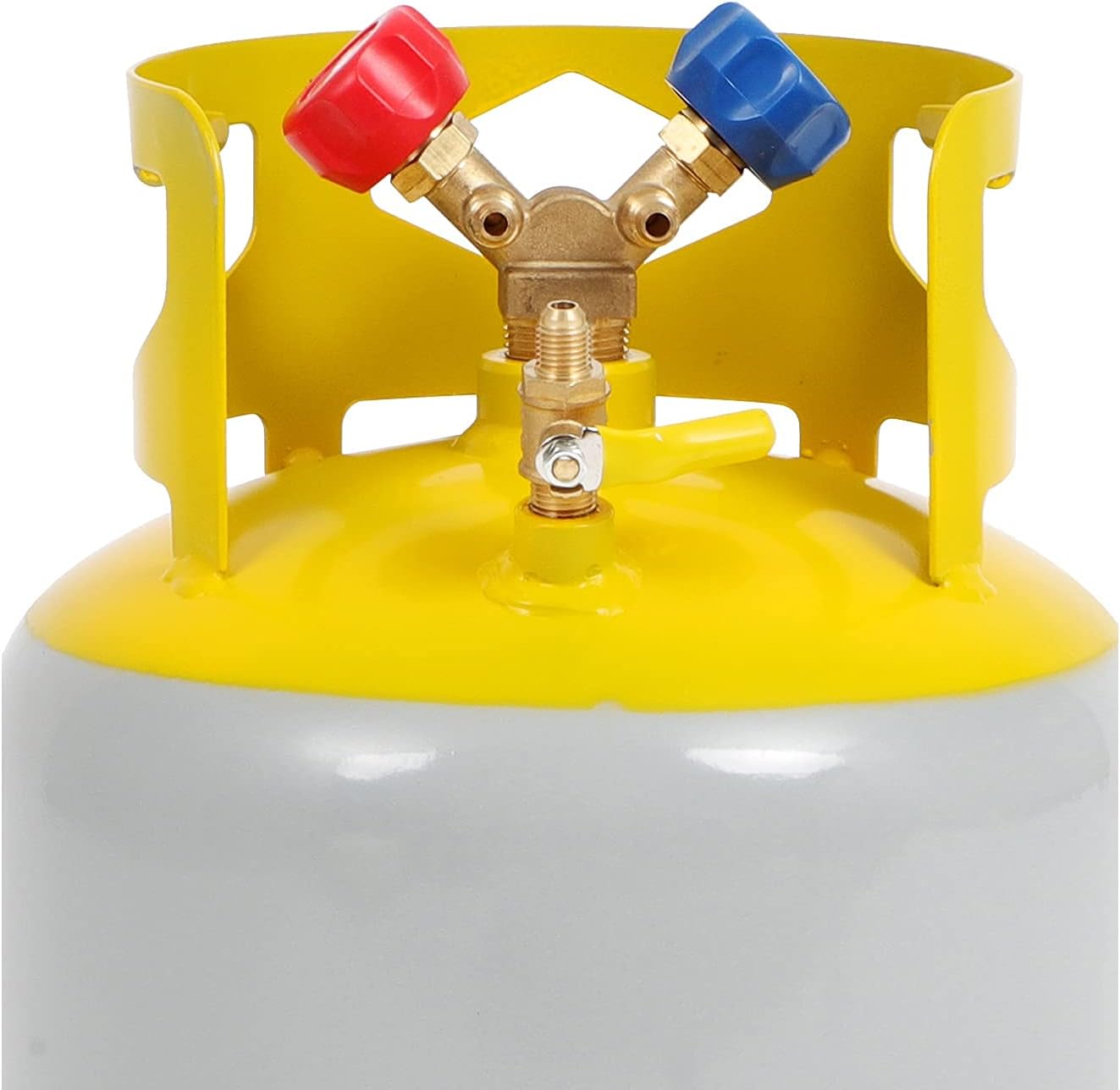 Refrigerant Recovery Tank with Double Valve Collar Design Reusable Save Valve and Collar Design Reusable with 14 Inch SAE Y Valve Yellow Tool Hardware Air Compressor Kit Air Compressor Hose Heavy Duty