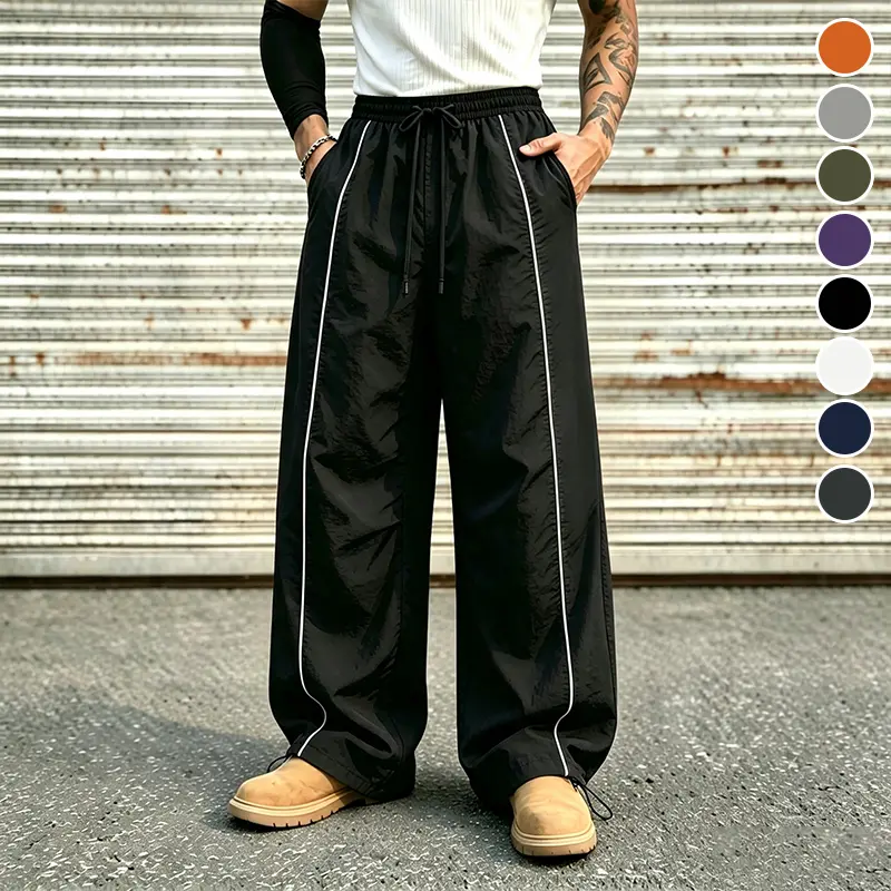 Men Convertible Hem Wide Leg Windbreaker Pants, Wrinkle-Free Thin Shell Trousers with Double Side Contrast Tape, Dual Drawstring Elastic Waist, Slant Hand Pockets for Skate Street Style