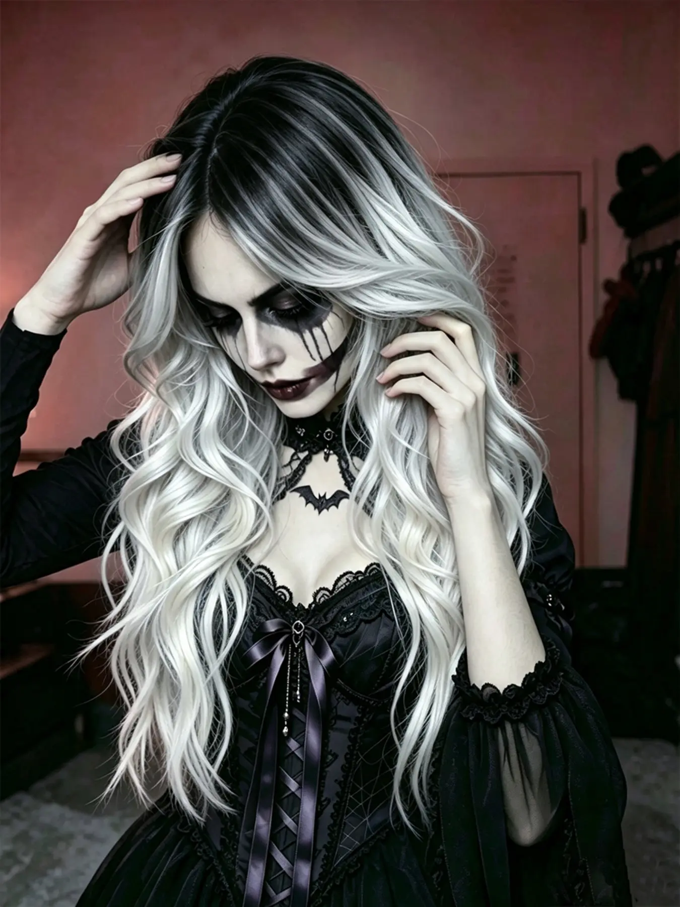 28 Inch Rooted Black To Silver White Ombre Loose Curly Wig For Women, Gothic Vampire Cosplay Wig Suitable For Halloween Costume Party, Goth Bar Night, Comic Con, Dark Style Daily Wear