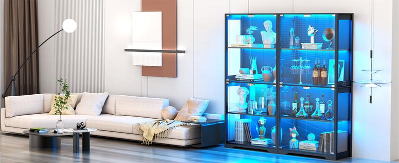 MIIFUNY Display Cabinet with Glass Doors, Storage Cabinet with 3 Color Light, 4-Tier Curio Cabinet&Bookcase for Collectibles, Toys, Books, for Playroom, Bedroom, Study Room, Black