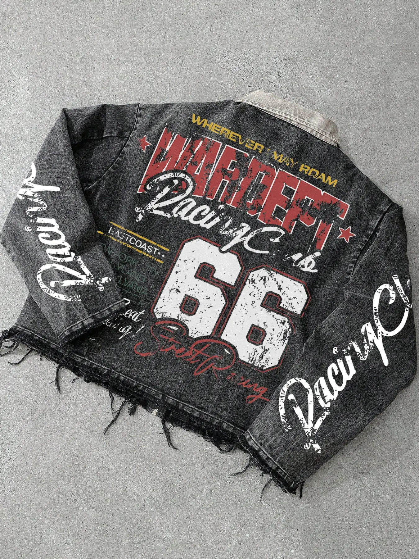 Route 66 Racing Graphic Distressed Denim Jacket Men Women Unisex Washed Black Raw Hem Trucker Jacket Vintage Americana Number Print Streetwear Coat for Fall Casual Road Trip Outfit