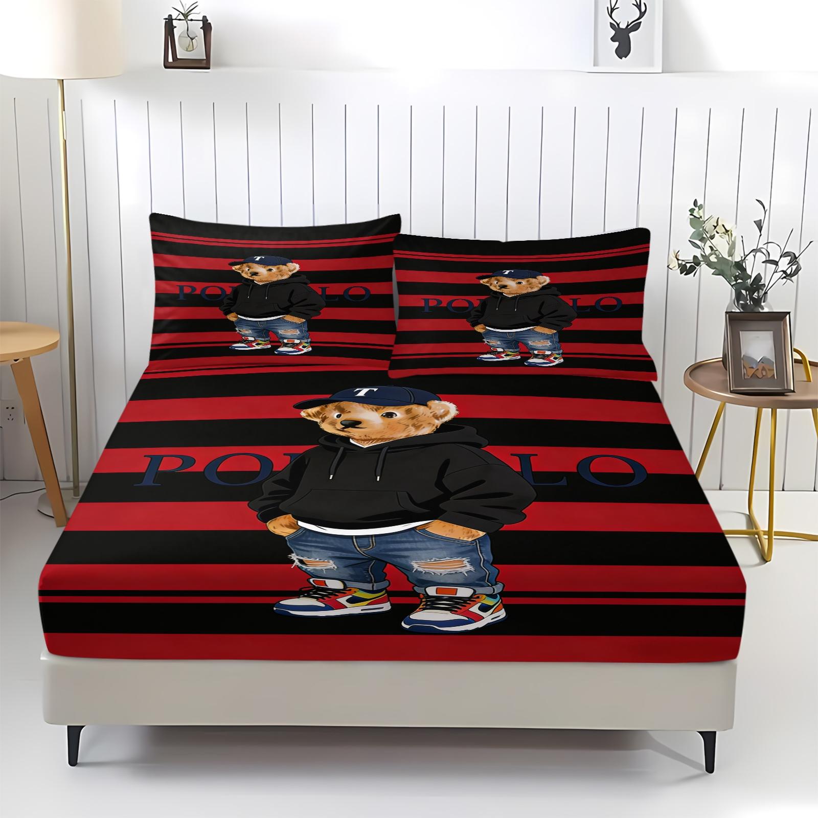 Teddy Bear Pattern Bed Sheet, Comfortable Printed Pattern, Includes 1 Bed Sheet and 2 Pillowcases, Comfortable Bedding, Non slip Dust Cover Suitable for Bedroom and Guest Room, Suitable as a Gift for Children or Adults