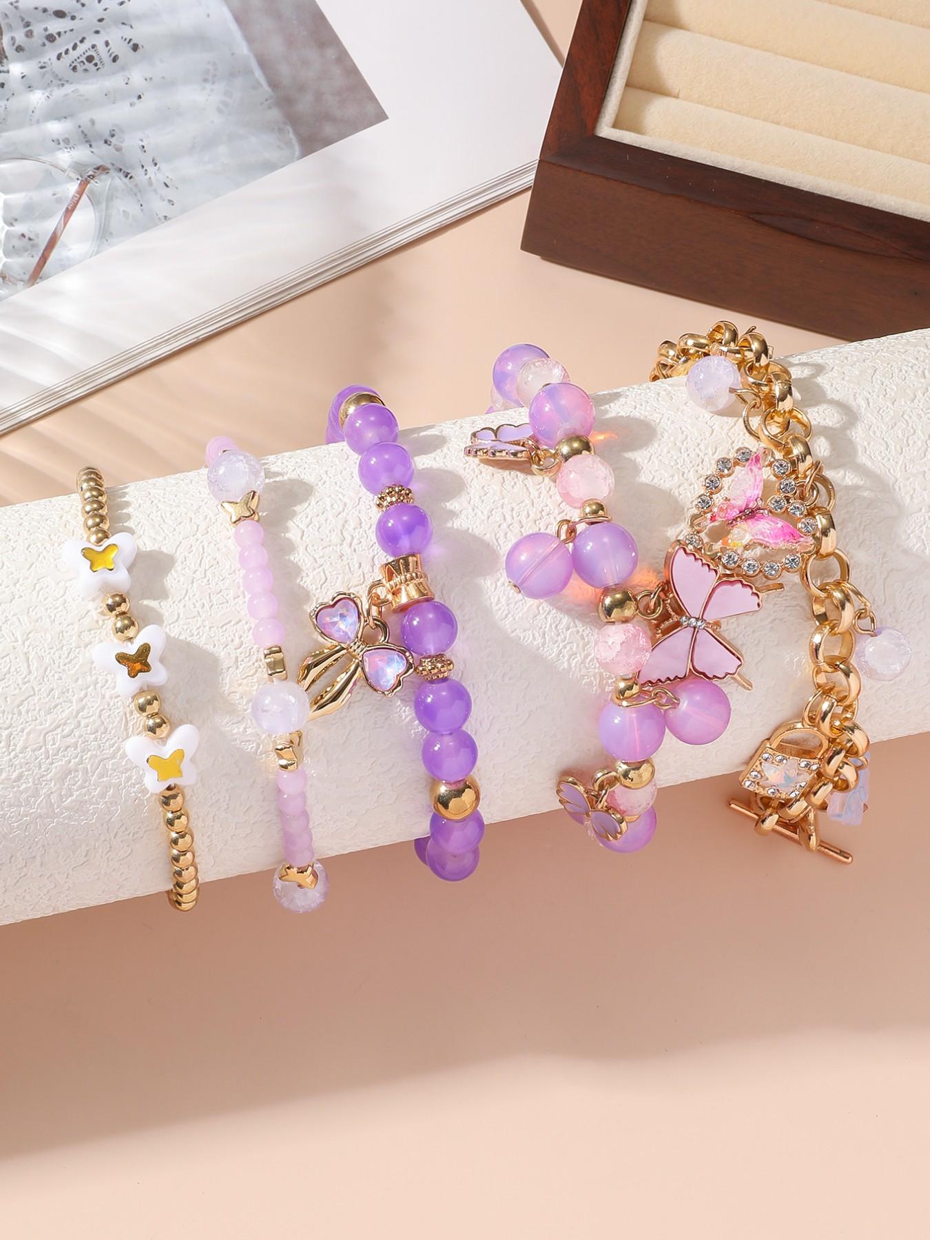 5Pcs Purple Butterfly Beaded Charm Bracelet Stack Set, Multi-Piece Stretchable Layered Bracelets with Gold Tone, Y2K Boho Style, Perfect for Daily Wear, Festival, Beach, Casual & Formal Occasions