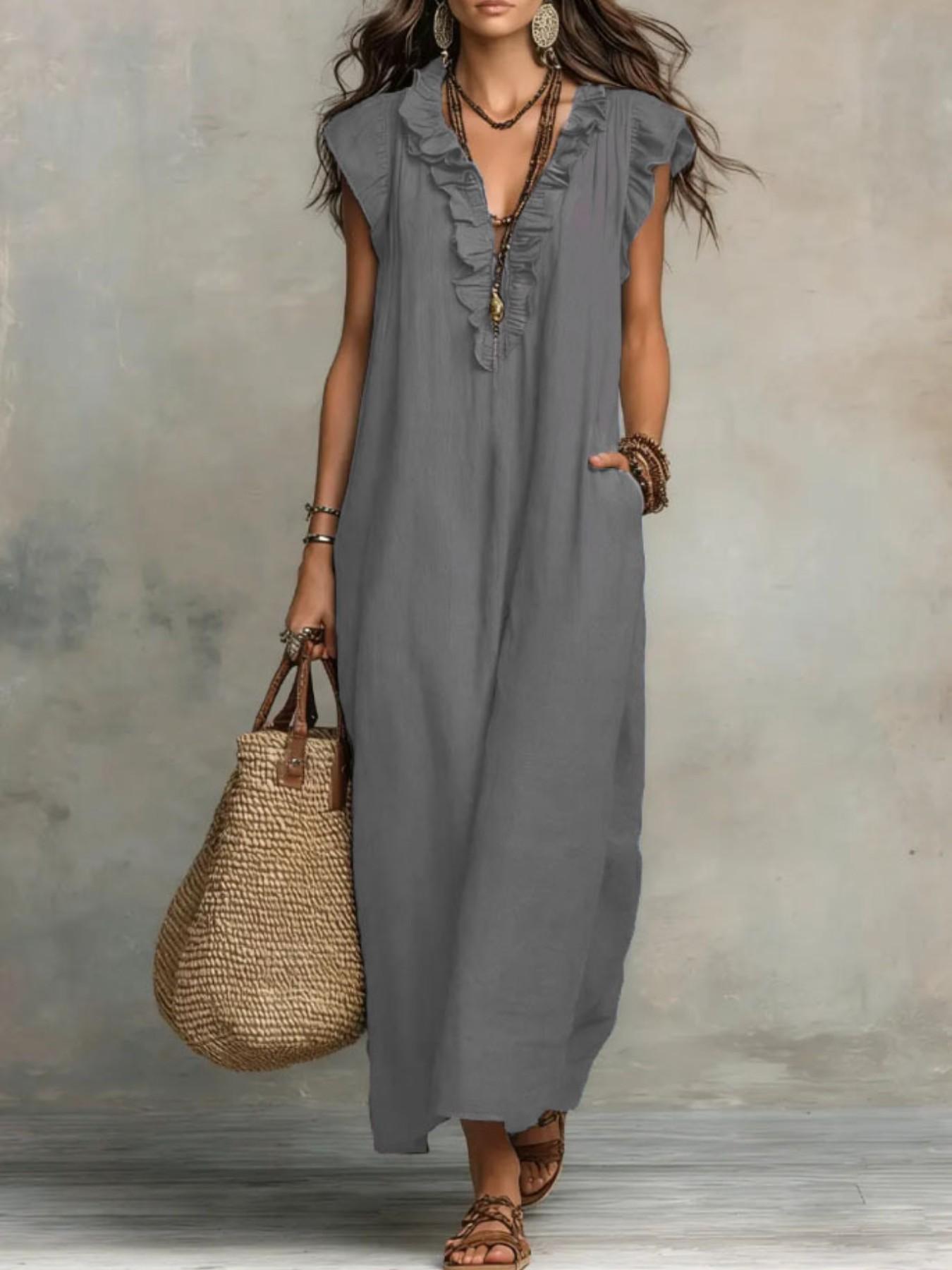 2026 Summer New Bohemian Long Dress, V Neck Ruffle Holiday Long Dress, Stylish and Comfortable, Perfect for Warm Weather