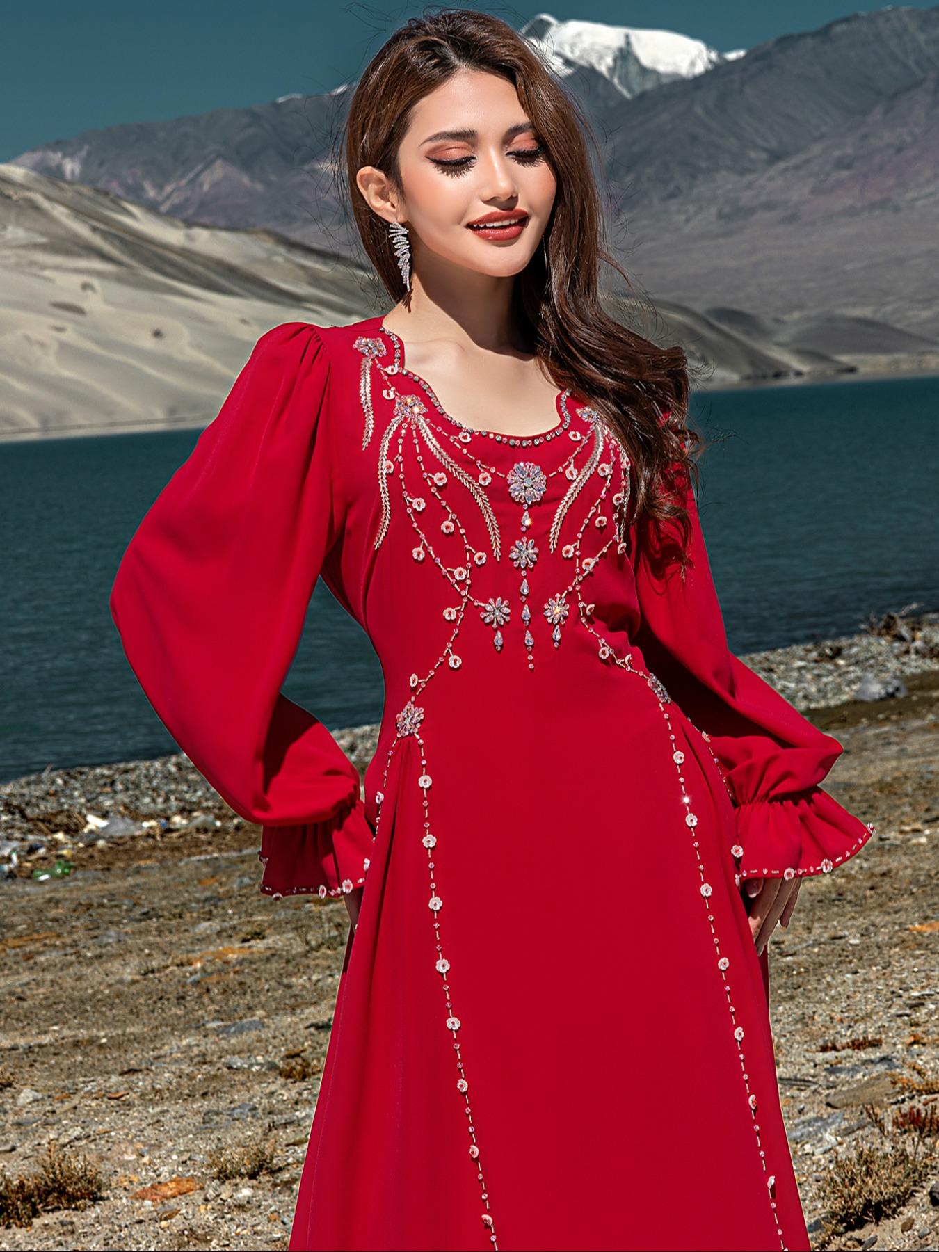 Embroidered Abaya Dress, Formal Wear, V Neck, & Silver Beads, Flare Sleeves, Elegant Fitted, Perfect for Formal Weddings & Eid Celebrations