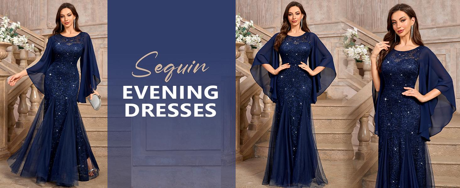 MIUSOL 24438A Women's Sequin Lace Tulle Hem Formal Evening Mermaid Hem Maxi Dress