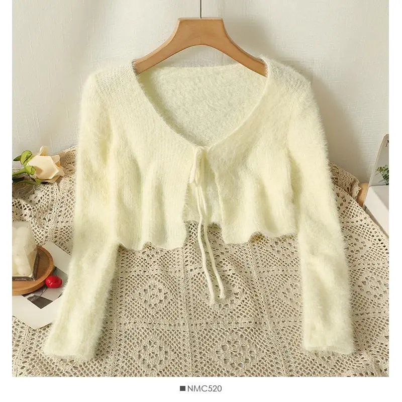 Bow Tie Front Crop Cardigan for Women Teen-girl Long Sleeve Fuzzy Knit Cardigan Sweater Fall Winter Y2K Fairycore Outfit