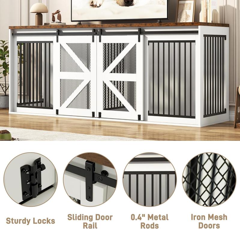 87In Farmhouse Dog Crate TV Stand, Wooden Dog Kennel Furniture with Sliding Metal Mesh Barn Door, Large Dog Crate Furniture for 2 Dogs, Solid Metal Tube & 2 Lockable Doors, White & Brown/Rustic Brown/Black 87In Farmhouse Dog Crate TV Stand, Wooden Dog Kennel Furniture with Sliding Metal Mesh Barn Door, Large Dog Crate Furniture for 2 Dogs, Solid Metal Tube & 2 Lockable Doors, White & Brown/Rustic Brown/Black