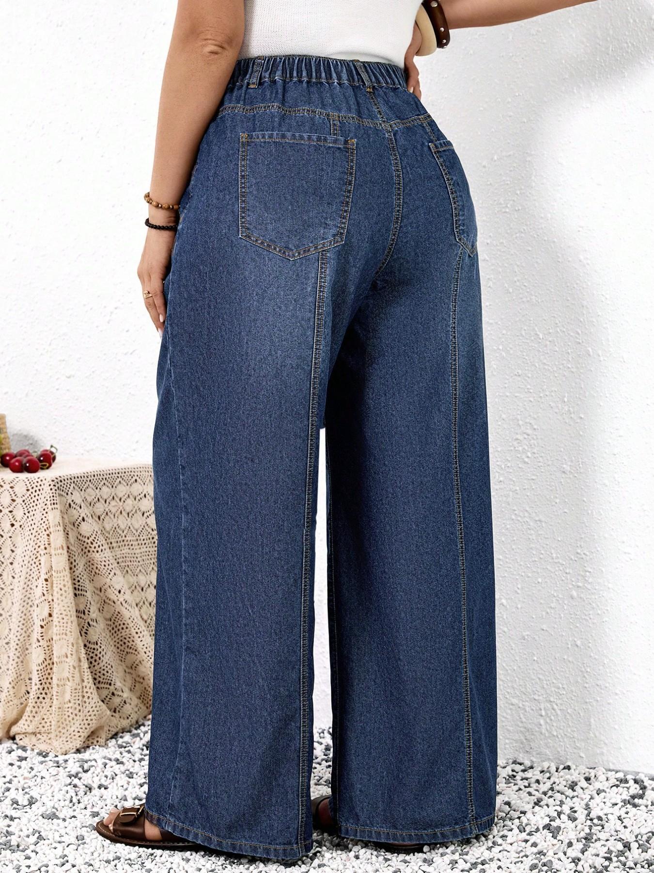 Plus Size Wide Leg Jeans, High Waist Elastic Back Jean with Pockets, Loose Fit Daily Casual Wear, All Seasons Patchwork Design