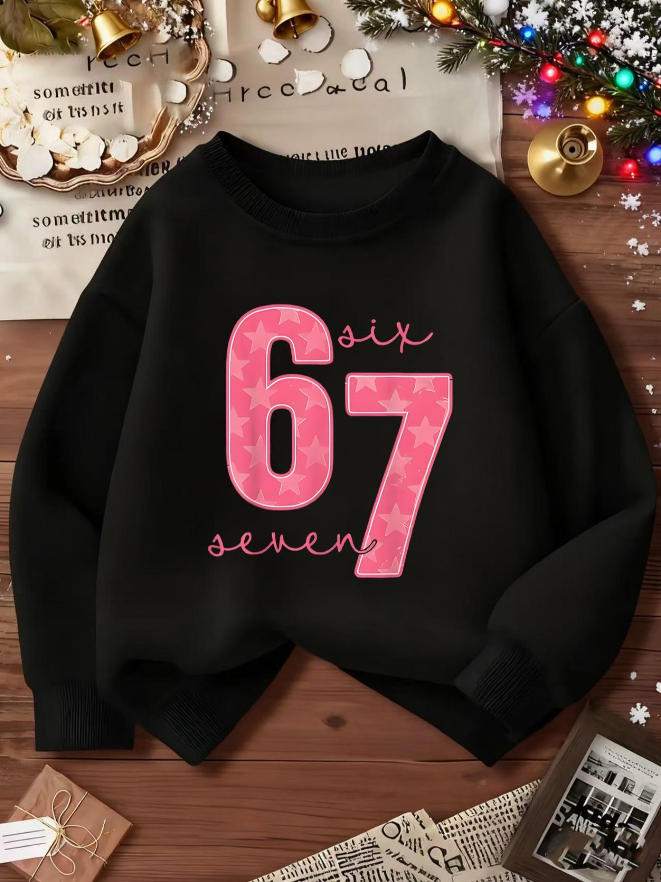 SIX SEVEN  Girls' Casual Round Neck Loose Fit Sporty Sweatshirt, Casual Pullover Tops, Elastic Fabric, Christmas Gift, Number 6 and 7 Design, Outdoor & Indoor Activities