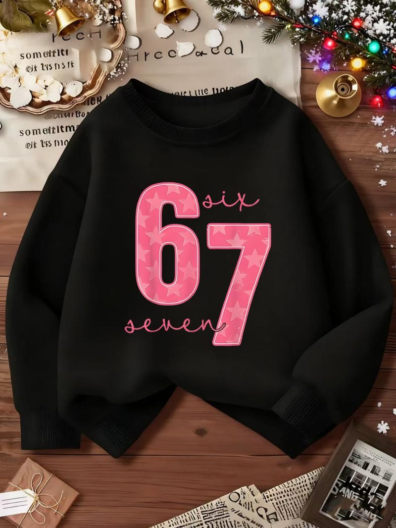 SIX SEVEN  Girls' Casual Round Neck Loose Fit Sporty Sweatshirt, Elastic Fabric, Christmas Gift, Number 6 and 7 Design, Outdoor & Indoor Activities