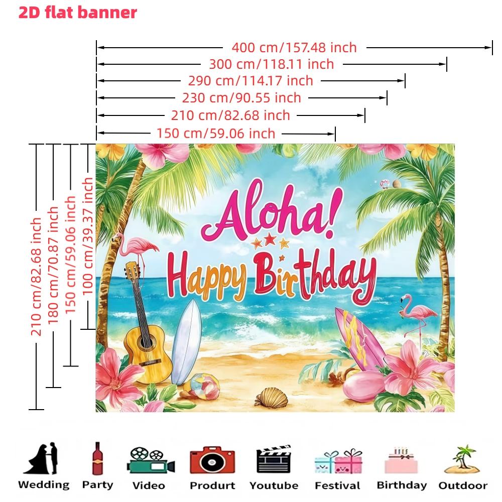 Vibrant Hawaiian birthday background banner,graffiti beach scene with flamingos and palm trees, suitable for summer parties, photo booth props and cake table decorations, Hawaiian party decorations, multifunctional decorations for outdoor birthday parties