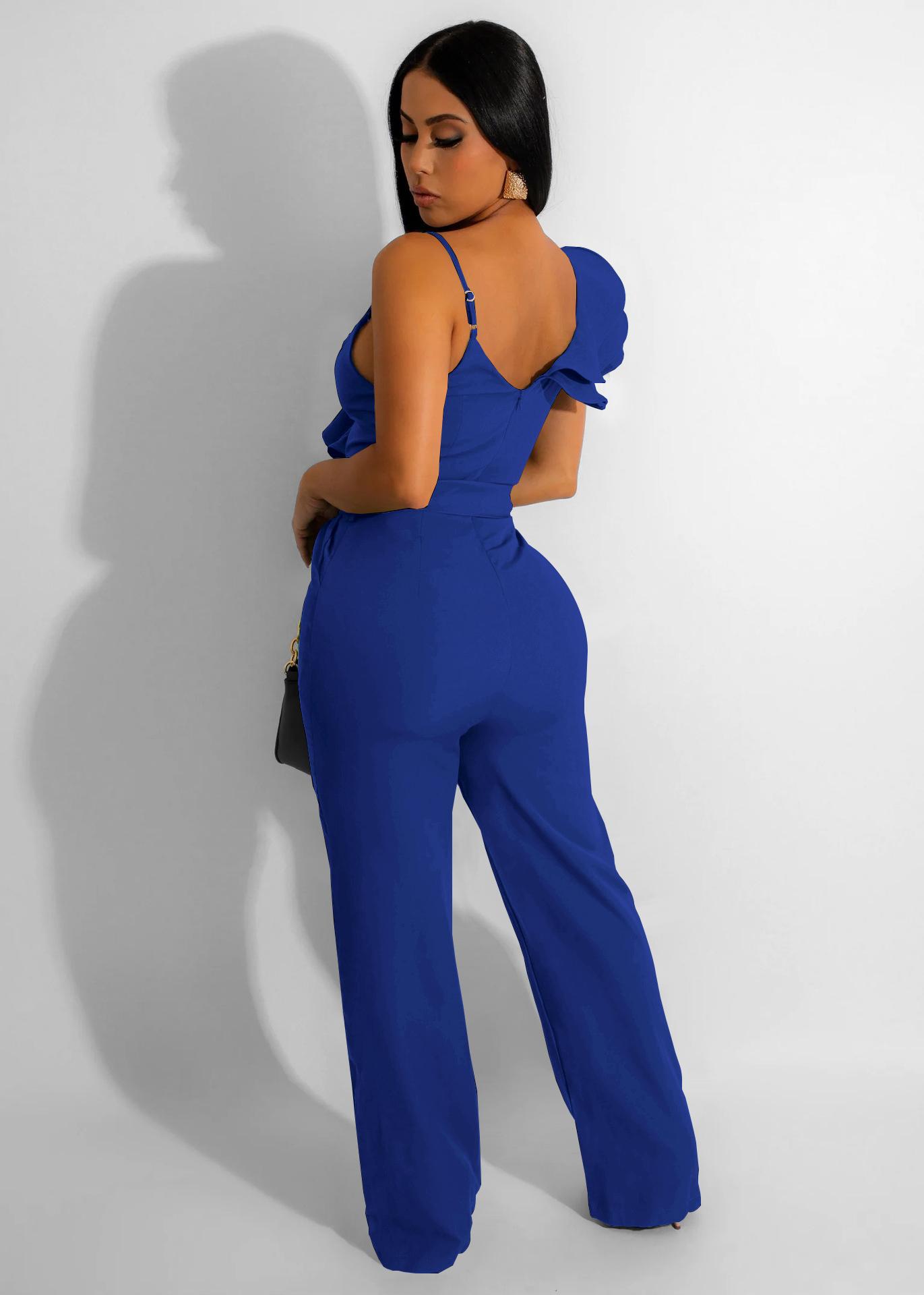 USBoutique Chic Women's Black One Shoulder Ruffled Top& Wide Leg Pants Jumpsuit, Casual Summer Romper, Trendy 2025 Outfit