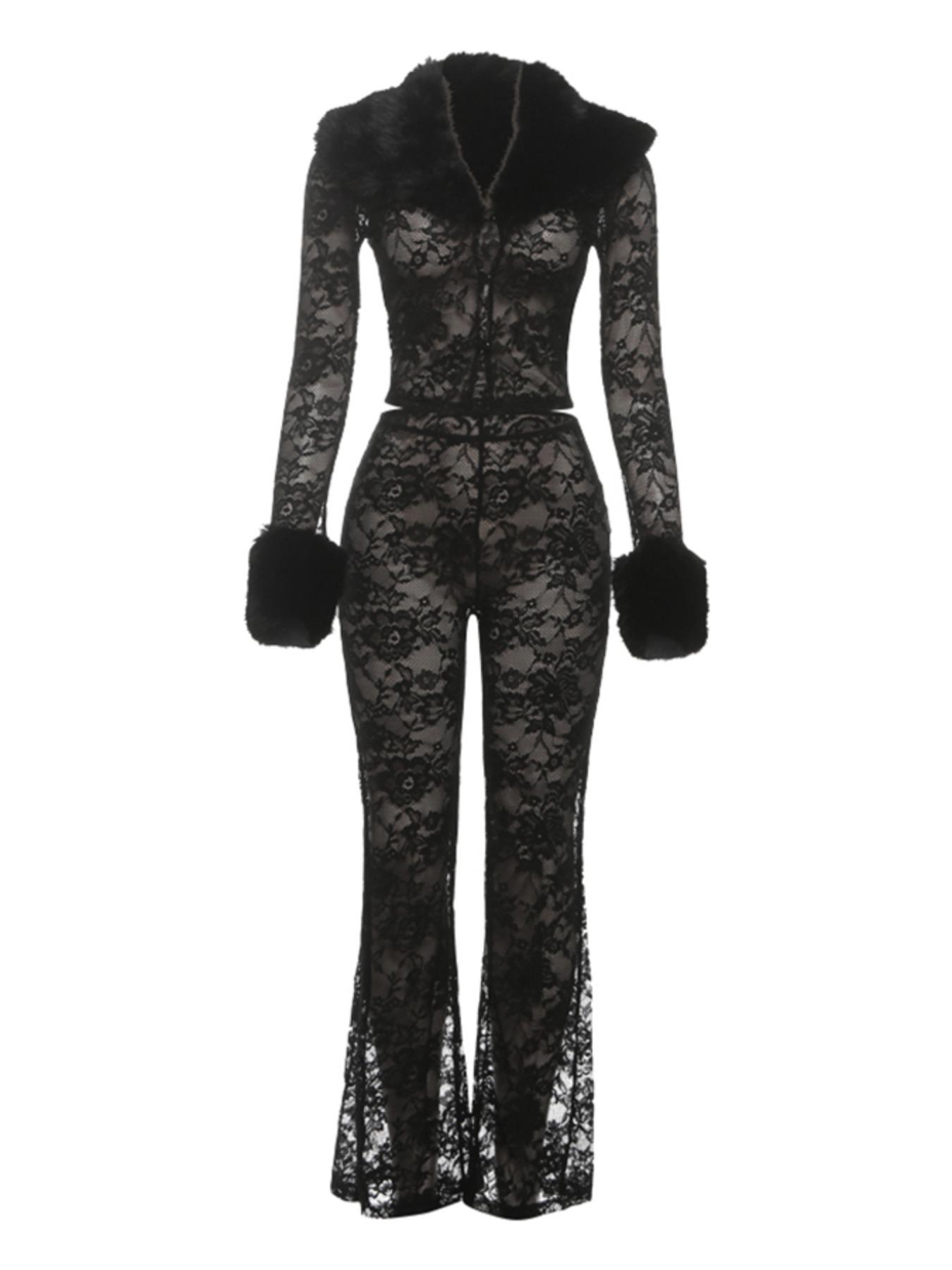 Women's Fashion Chic Ditsy Floral Print Fur Collar Lace Patchwork Sexy Transparent Long Pants Two-Piece Set, Fall Winter New Arrival