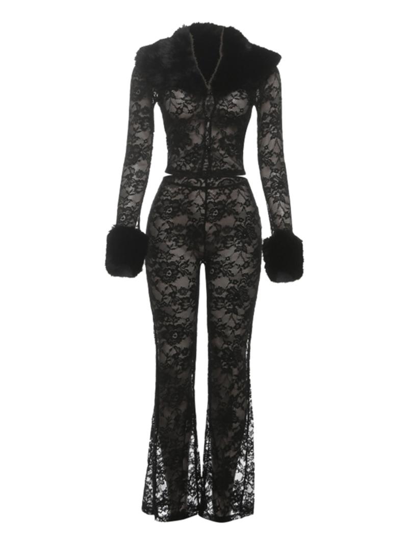 Women's Fashion Print Fur Collar Lace Patchwork Sexy Transparent Long Pants Two-Piece Set, Fall Winter New Arrival