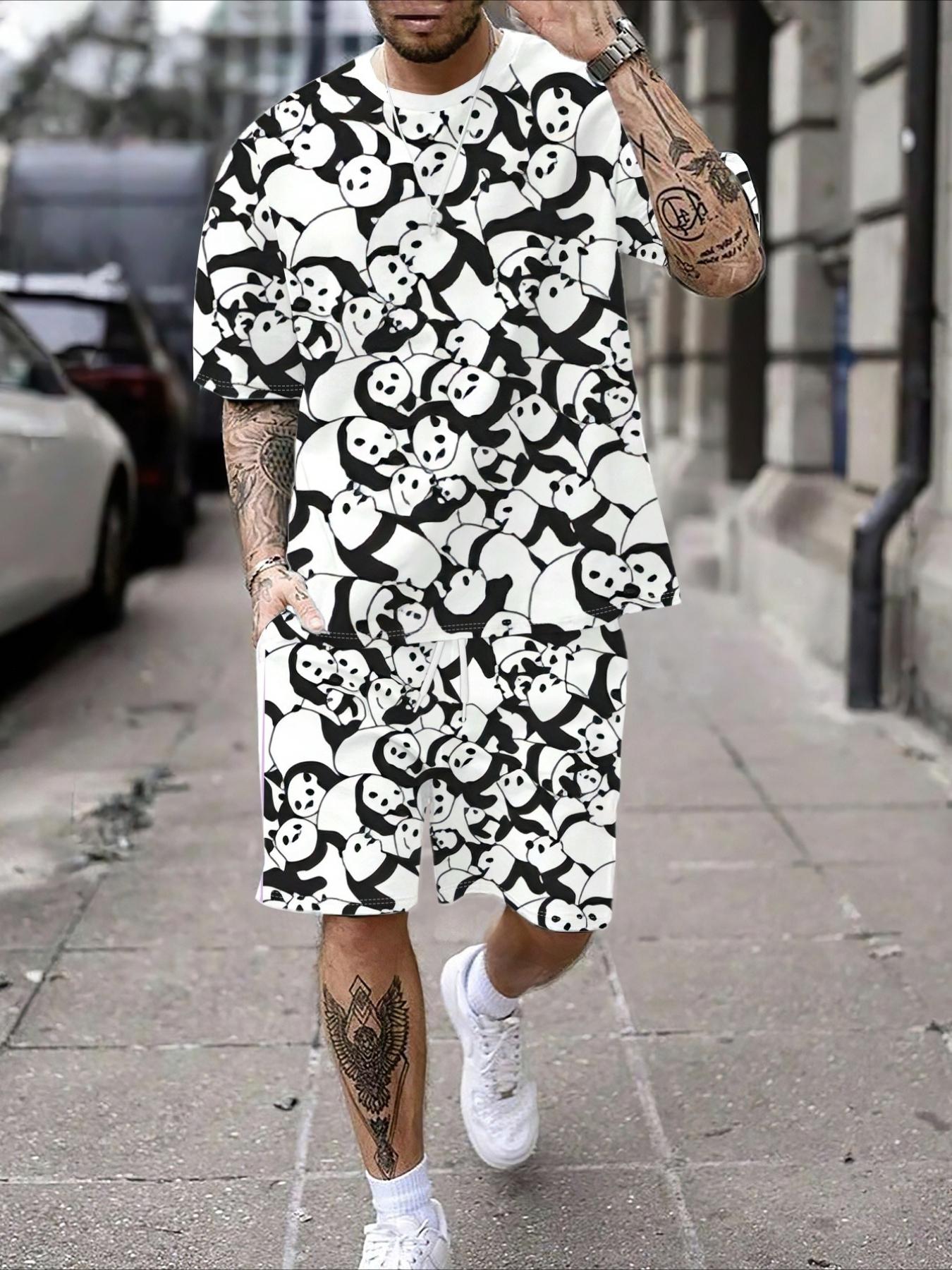 Men's Casual Fashion Short Sleeve Set, Full Print Cute Panda Black & White Pattern, Breathable Mesh Fabric, European Streetwear 2-Piece Outfit, For Daily Wear, Commute & Vacation