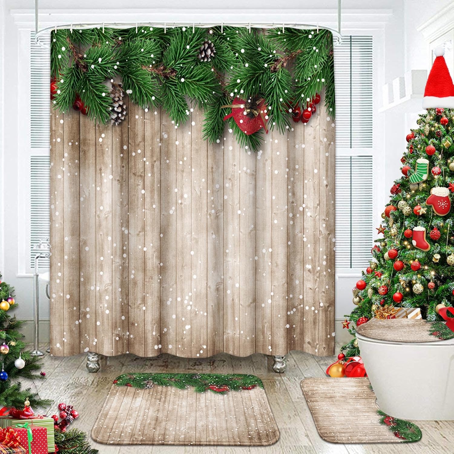 4 Pcs Shower Curtain Set Merry Christmas Happy New Year with Non-Slip Rugs Toilet Lid Cover and Bath Mat Bathroom Decor Set