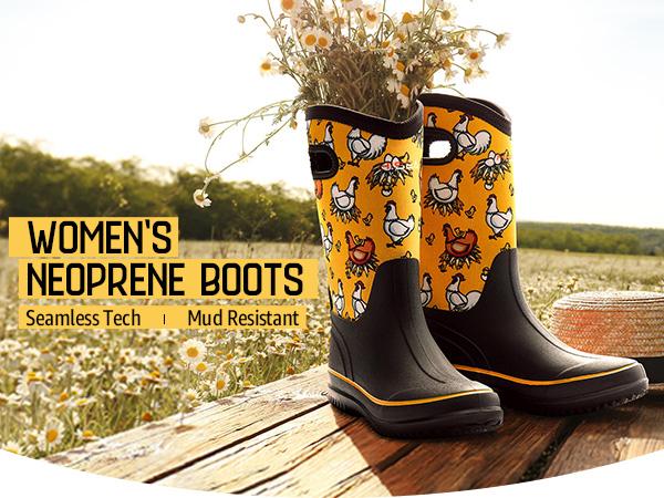 HISEA Women's Waterproof Mud Boots  | Neoprene Rubber Garden & Rain Boots | Mid-Calf Outdoor Shoes for Farming, Hunting, Hiking