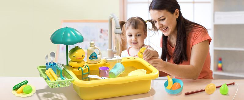 CUTE STONE Play Sink with Running Water, Kitchen Sink Toys with Play Food and Kitchen Utensils, Pool Floating Toys for Fishing Game, Role Play Electric Dishwasher Toy Gift