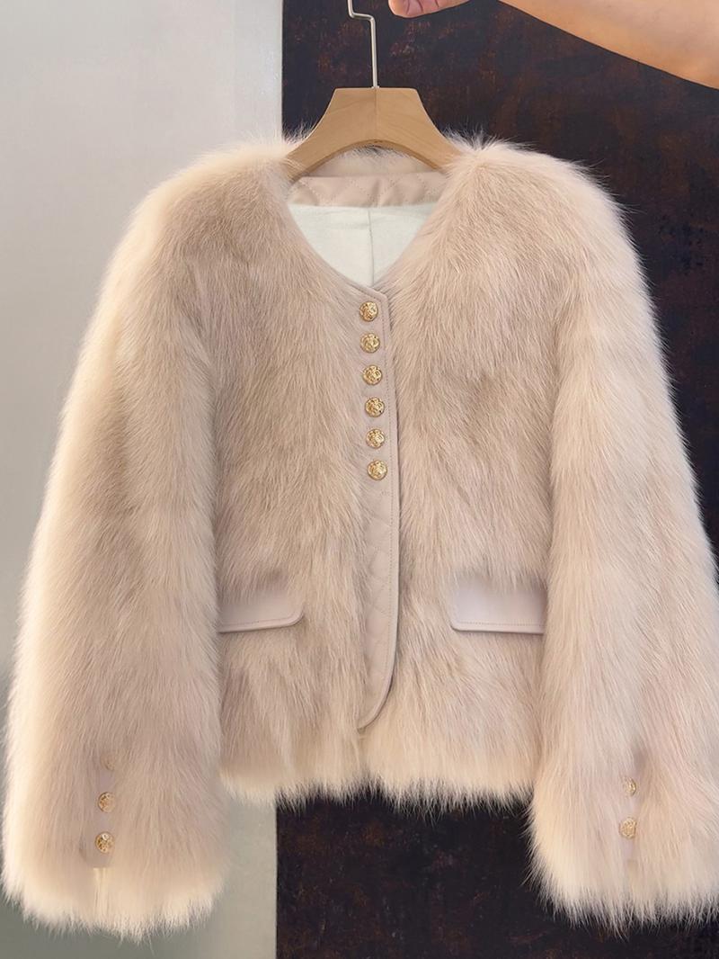 Women's Faux Fox Fur Coat, Short Autumn Winter Coat with Contrast Trim, New Korean Style Patchwork Outerwear Jackets