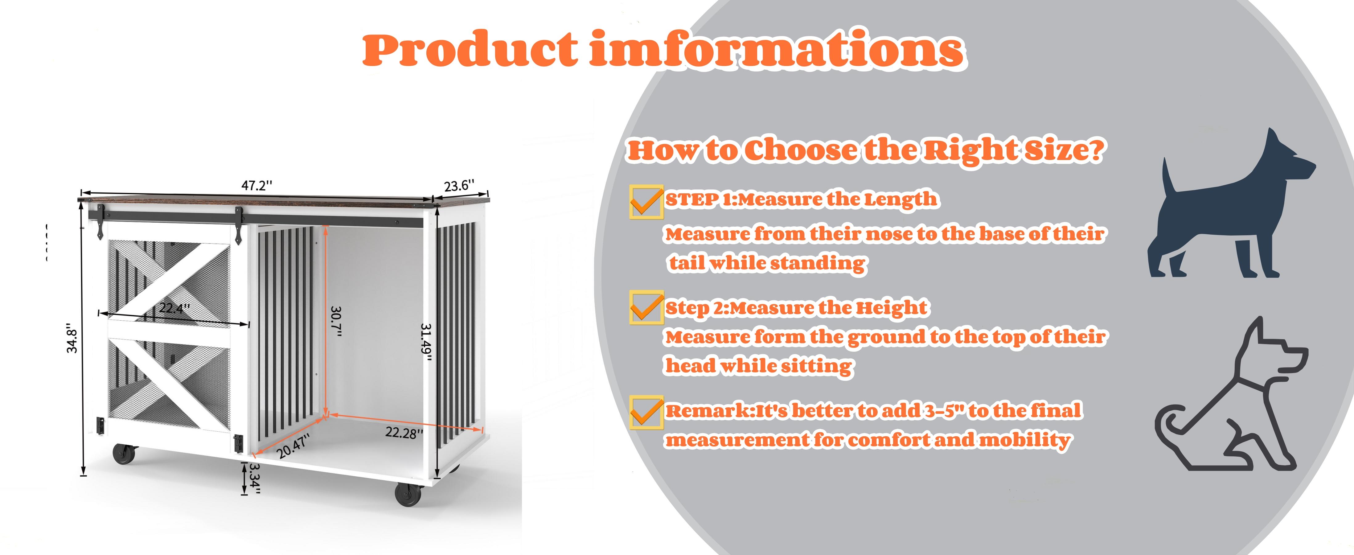 47.2*23.6*34.8 Inch Brown‑White Farmhouse Dog Crate Furniture, Wooden Kennel with Wheels, Removable Divider, Barn Door & Metal Corners for 2 Small Dogs or 1 Large Dog 47.2*23.6*34.8 Inch Brown‑White Farmhouse Dog Crate Furniture, Wooden Kennel with Wheels, Removable Divider, Barn Door & Metal Corners for 2 Small Dogs or 1 Large Dog
