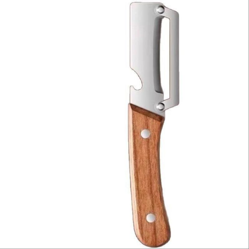 Kitchen Multi-Functional Wooden Handle Stainless Steel Thick Fruit Peeler Knife, Ideal for Sugarcane and Pineapple Peel Tool