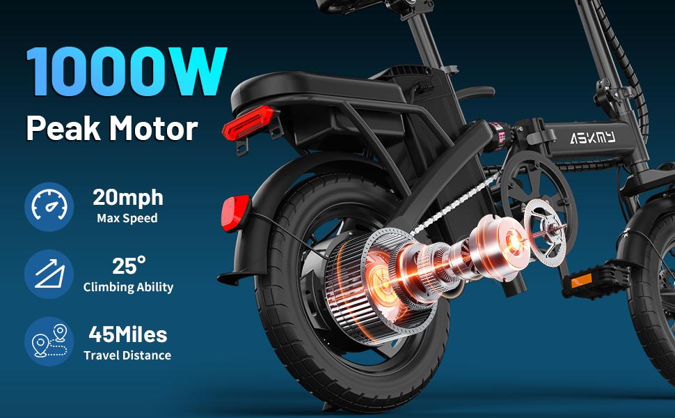 ASKMY E14 Urban Folding E-Bike 1000W, Long Range 45 Miles | 14" Compact Tires, Dual Disc Braking System | UL2849 Certified, Enhanced Safety Battery, 12-Month Warranty, Easy Storage