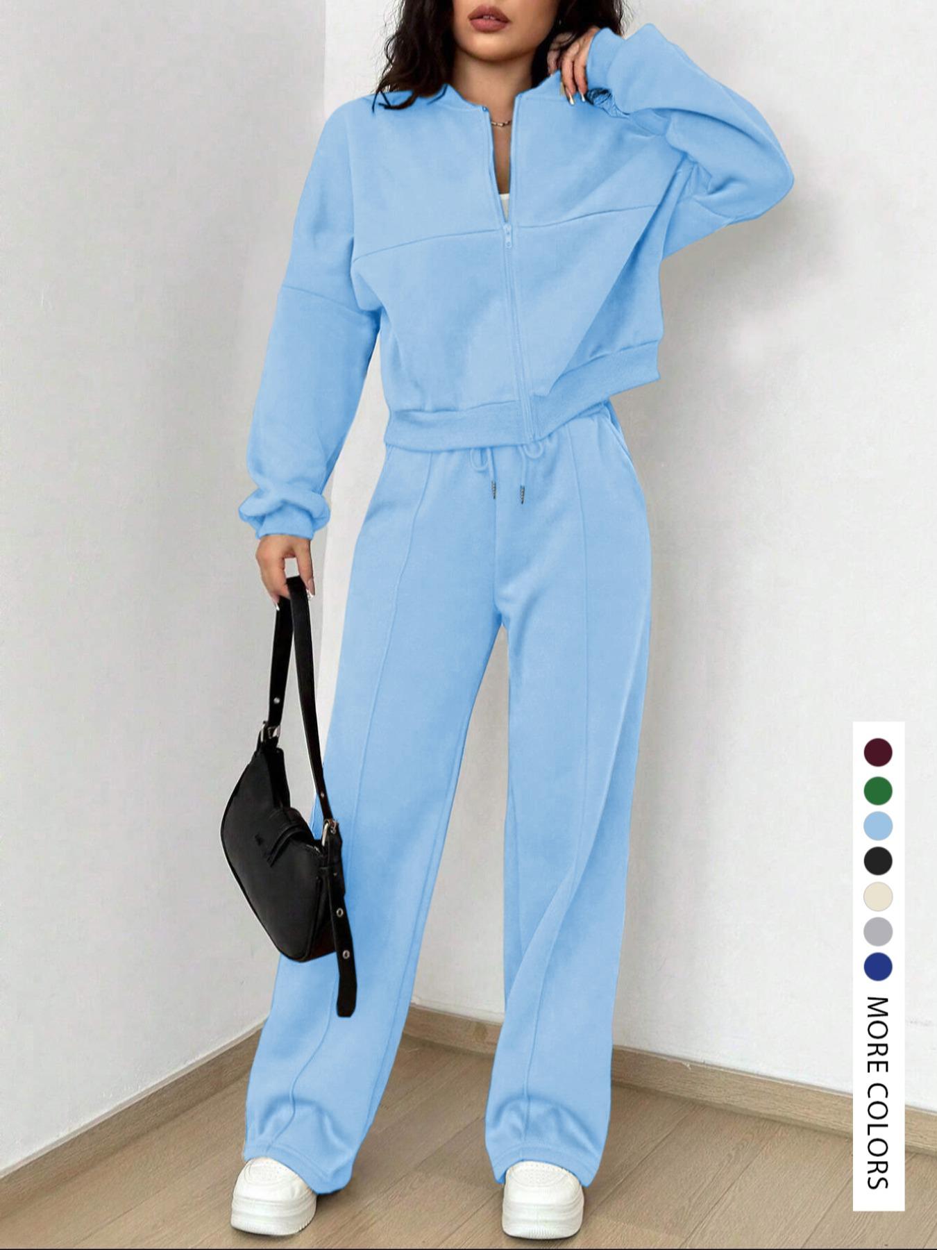 Modest Two-Piece Women's Solid Color Zip Jacket and Drawstring Pocket Pants, Comfortable Breathable Casual for All Seasons,Airport Outfit