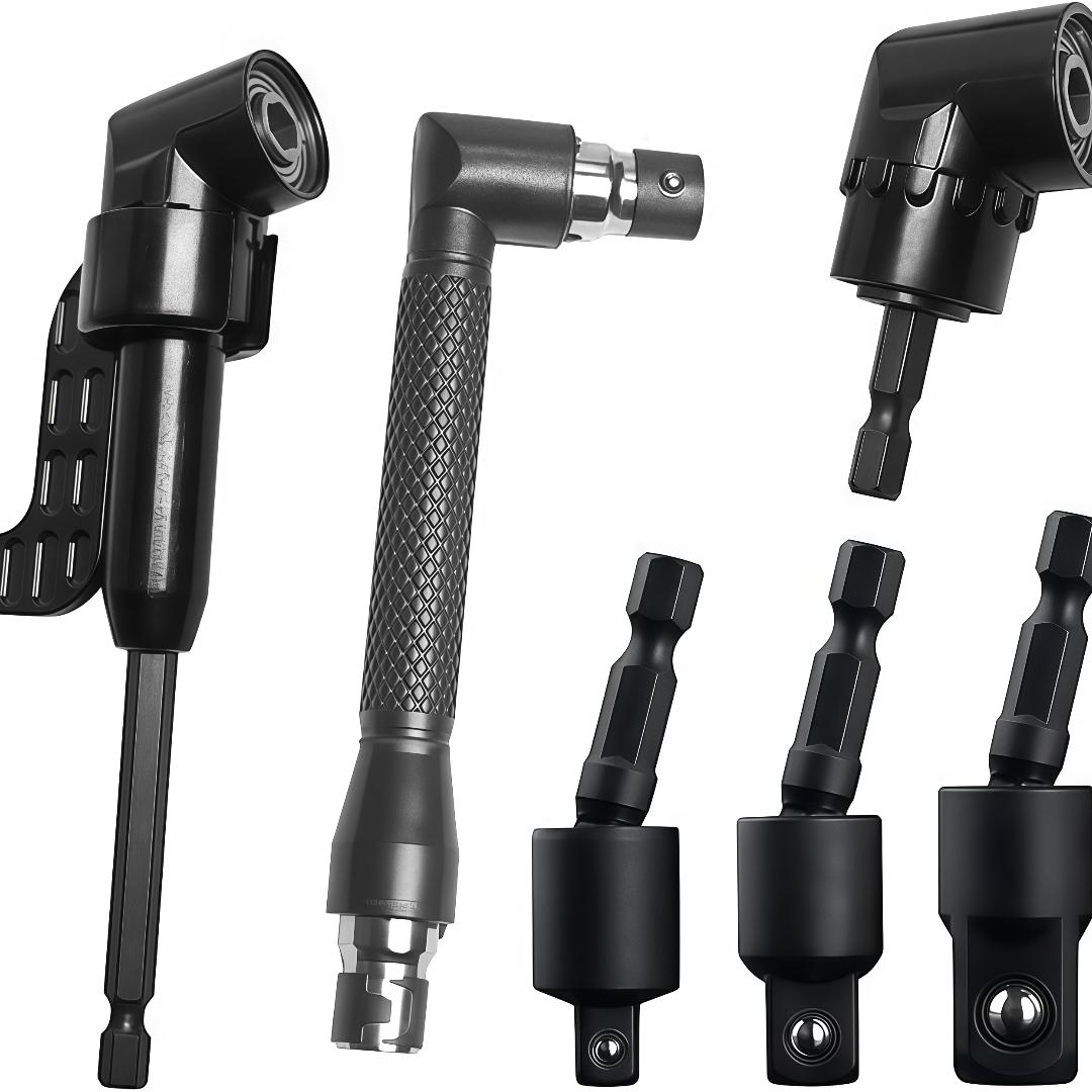 6 Piece Right Angle Drill Bit Set, 2pcs 105° Hex Shank Adapters & 90° Angled Bits, Includes 360° Rotating 1/4 3/8 1/2 Inch Impact Socket Adapter