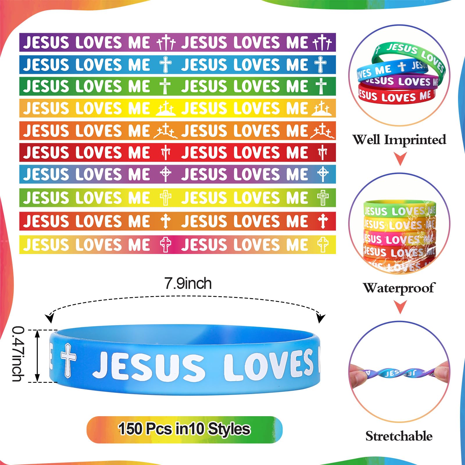 Easter Jesus Loves Me Bracelets Christian Gifts for Women Men Youth Group Religious Gift Rainbow Stretch Silicone Faith Bracelets Motivational Rubber Wristband for Easter Basket Stuffers Easter Egg Filllers Church Sunday School Prizes Easter Party Favors