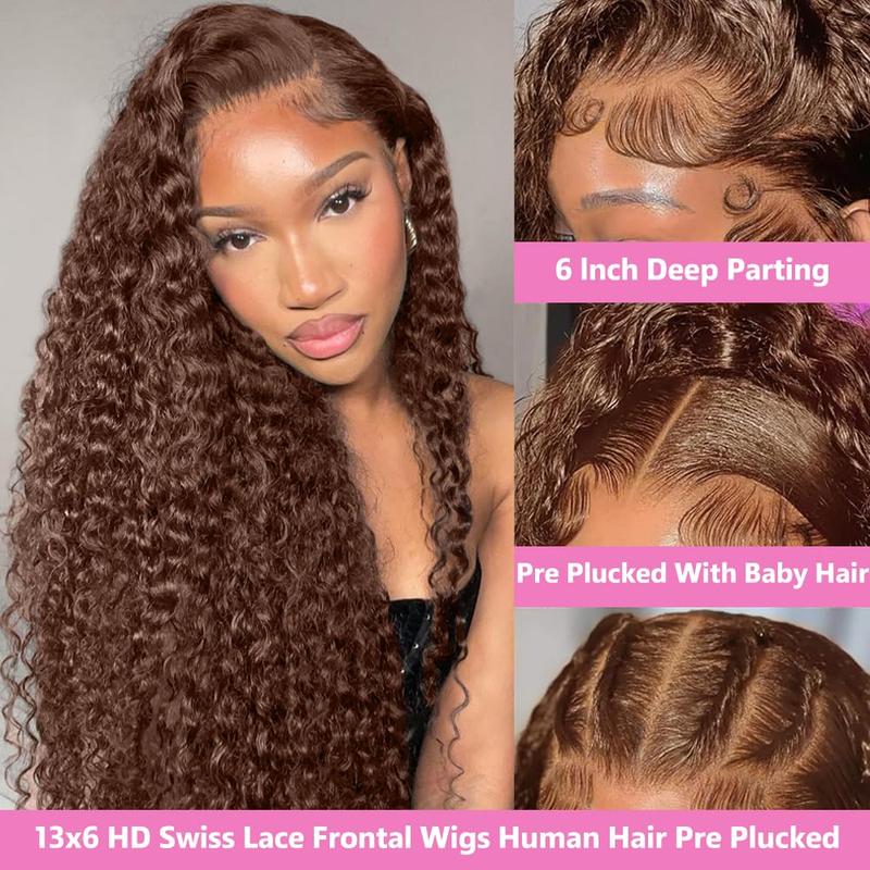 Bling Hair Deep Wave Chocolate Brown Colored 13x4/13x6 HD Transparent Lace Wigs Human Hair 180% Density for Women Pre Plucked with Natural Hairline