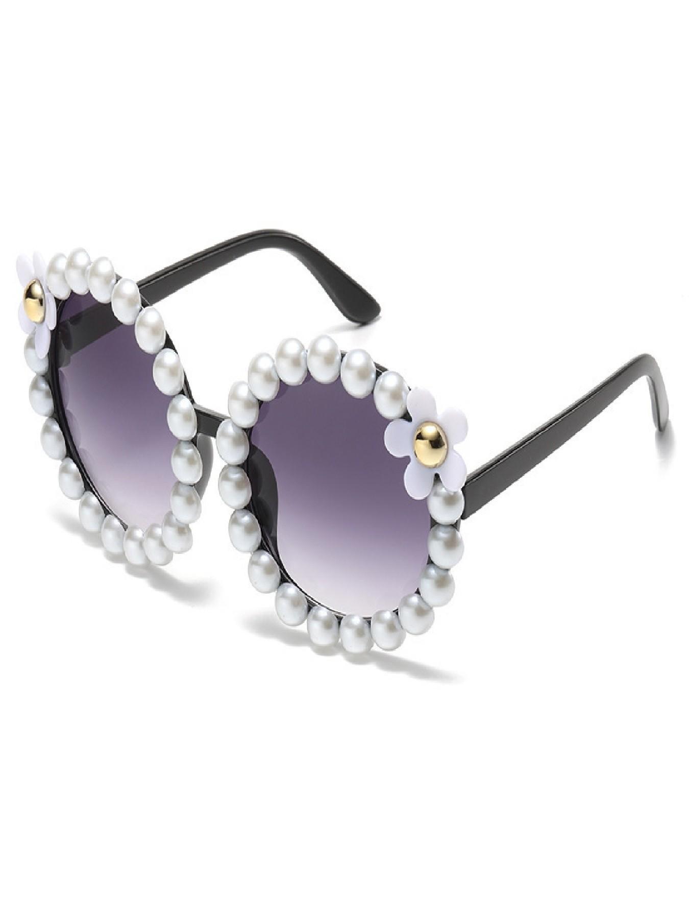 Pearl Trim Water Drill Flower Sunglasses, Gradient Lens, Perfect for Wedding, Party, Beach, Music Festival, Daily Wear, Date Night