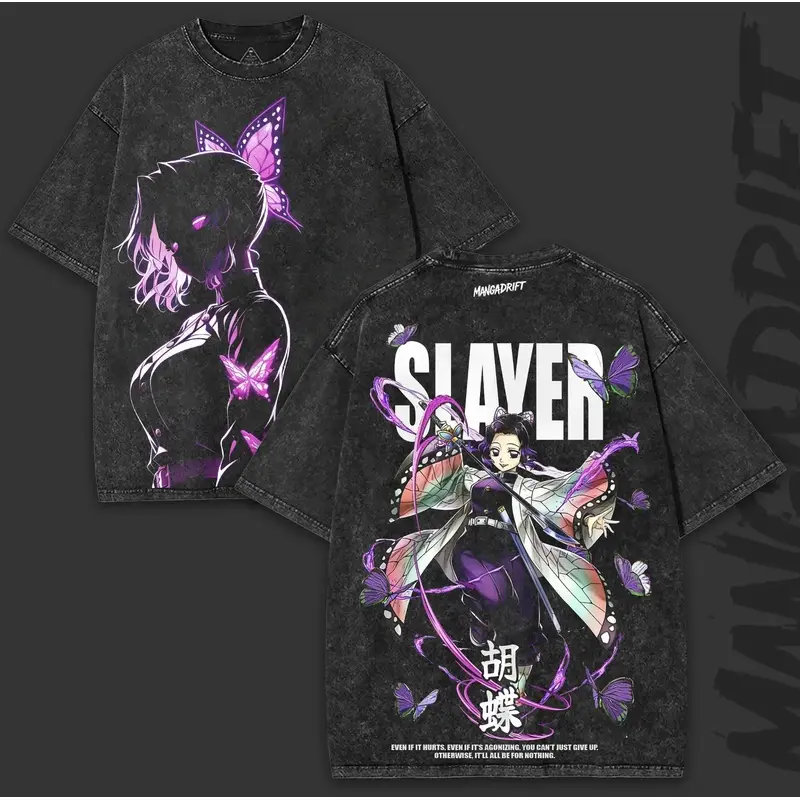 Shinobu Demon Slayer Oversized Vintage Washed Tee 260GSM Heavy Cotton| Butterfly Breathing Collector Drop Basic Dress, 90s Graphic American Casual Short Sleeve Tee| Premium Soft Cotton Classic Unisex Crew Neck Printed T-Shirt for Daily, Gym & Streetwear