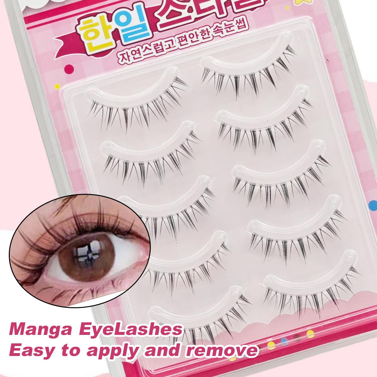 5 Pairs Of Manga False Eyelashes Natural Long Anime Style Korean K-Pop Makeup Transparent With Spike Girl Idol False Eyelash Set Suitable For Daily, Date, Holiday, Party, Wedding, Goddess Makeup