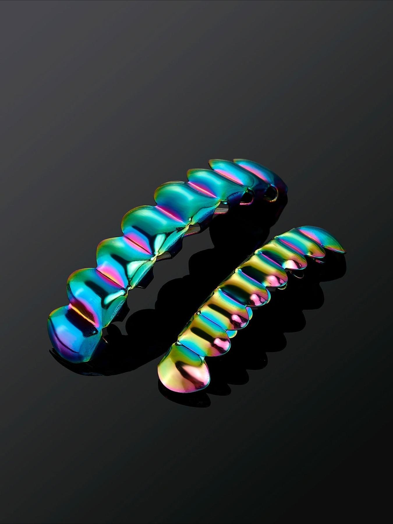 CRUSH CR Retro Cyberpunk Futuristic Iridescent Grillz Set for Men Women, High-Gloss Polished Finish, Hypoallergenic Removable, Ideal for Retro Tech-Themed Parties, 90s/00s Throwback Events, Cyber Goth Gatherings Urban Culture Festivals